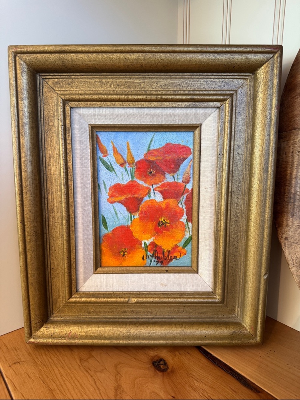 Framed, Signed, Original Oil Painting with Orange Poppies
